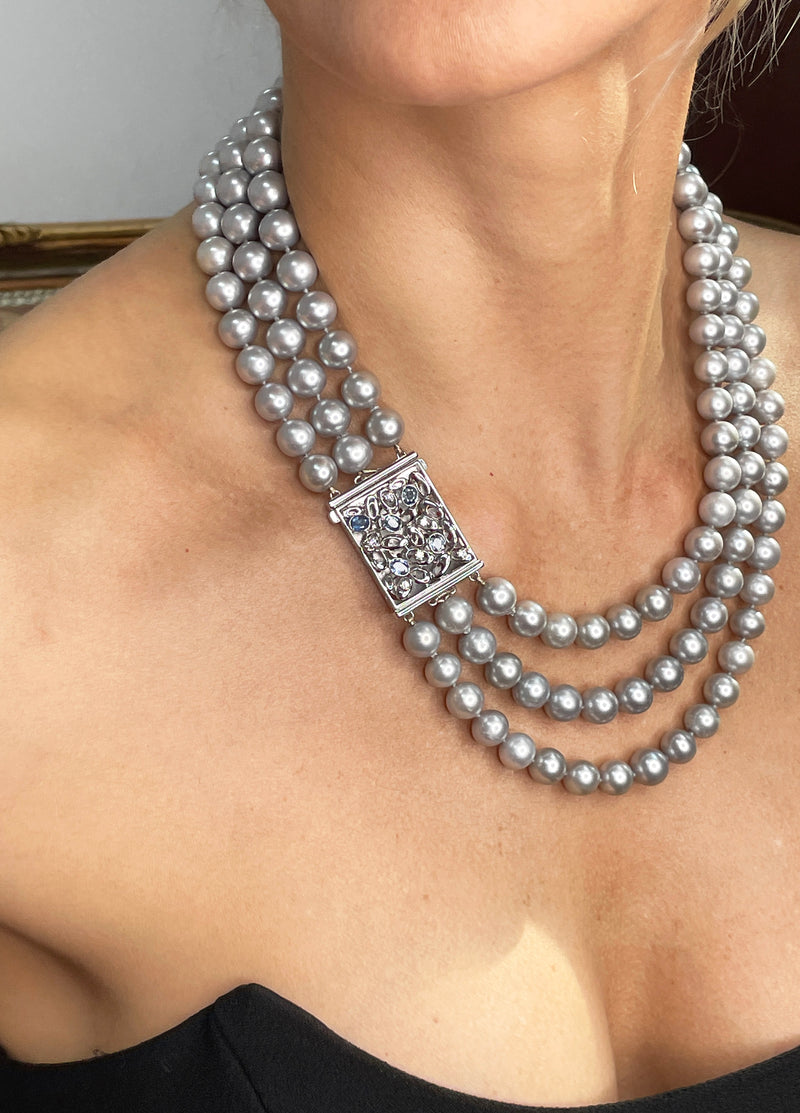 Multi Strand A DIAMOND, SAPPHIRE & Cultured Grey PEARL Necklace 18K White Gold