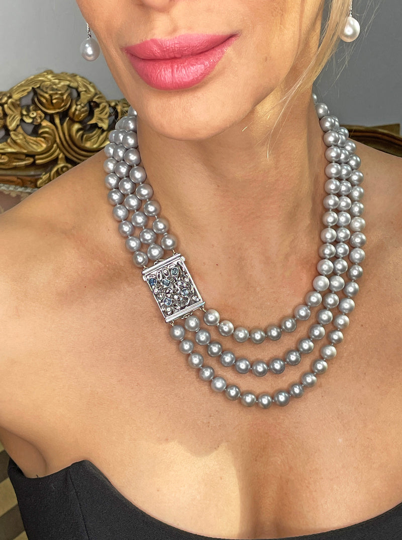 Multi Strand A DIAMOND, SAPPHIRE & Cultured Grey PEARL Necklace 18K White Gold