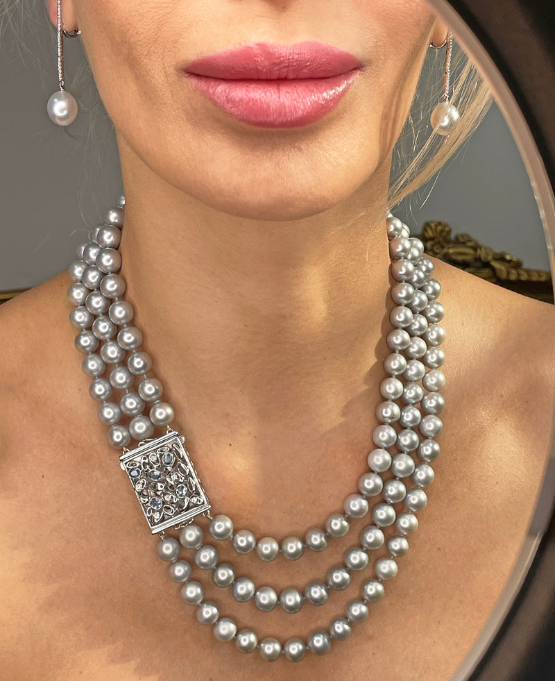 Multi Strand A DIAMOND, SAPPHIRE & Cultured Grey PEARL Necklace 18K White Gold