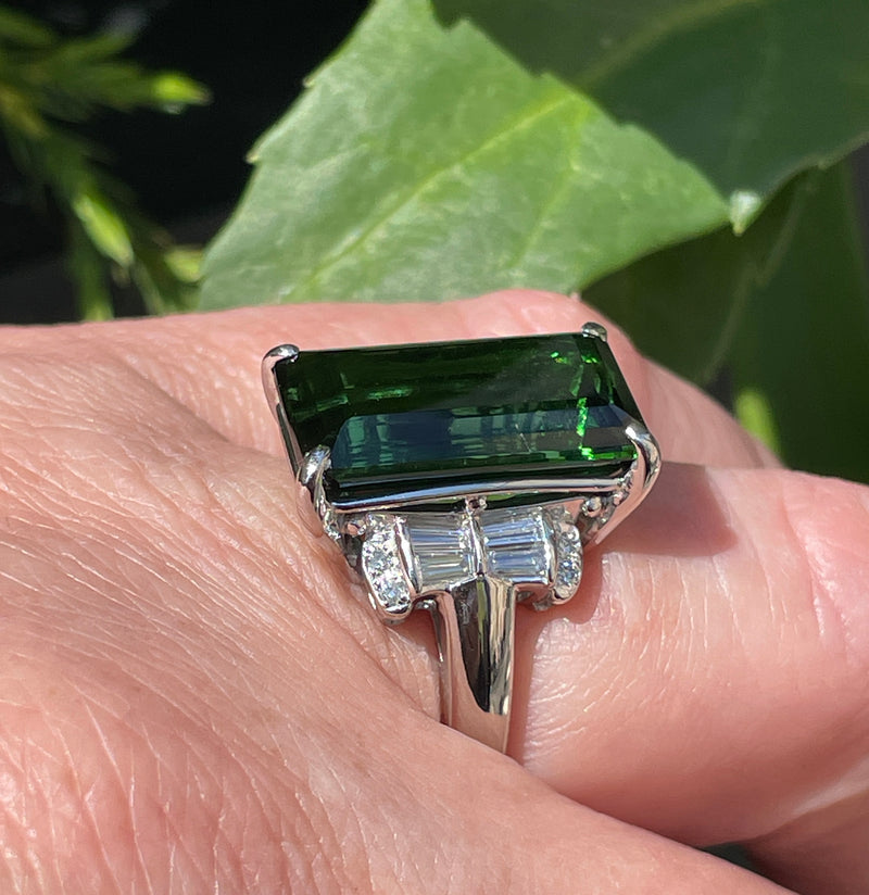 Original Art Deco GIA 12.18ctw Green Tourmaline Diamond Platinum Vintage Ring