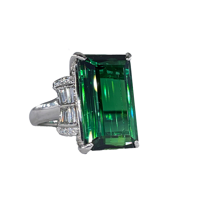 Original Art Deco GIA 12.18ctw Green Tourmaline Diamond Platinum Vintage Ring