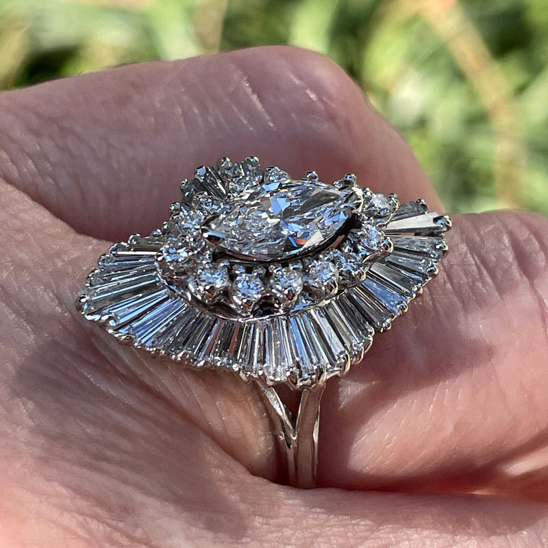 Vintage Shy 4.0ctw Marquise Diamond Ballerina Cocktail 18k White Gold Ring