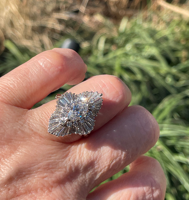 Vintage Shy 4.0ctw Marquise Diamond Ballerina Cocktail 18k White Gold Ring