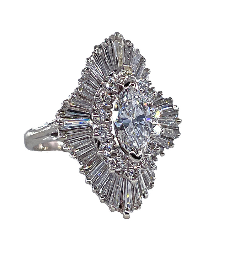 Vintage Shy 4.0ctw Marquise Diamond Ballerina Cocktail 18k White Gold Ring