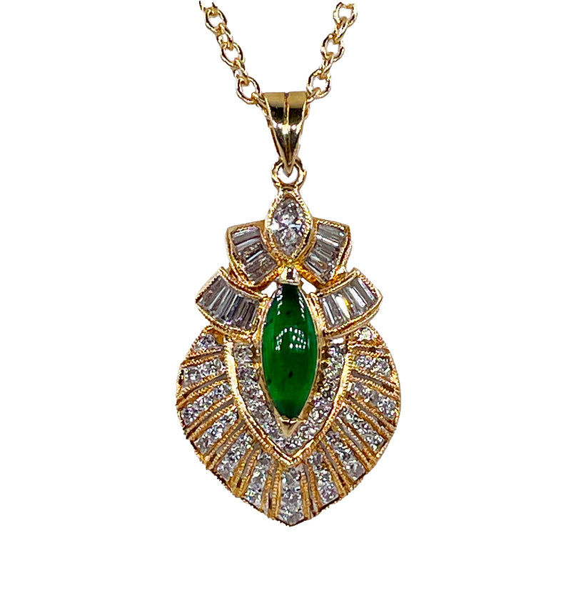 Natural UNTREATED GIA Omphacite Jade 18K Vintage Pendant of "Imperial" Color with Diamonds, 1980s