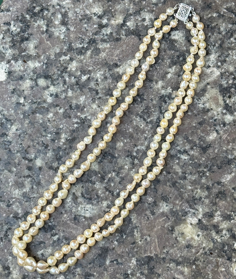 GIA 2-Strand Akoya Baroque Japanese Pearl 14K White Gold Vintage Necklace; Multi Strand Pearl Necklace