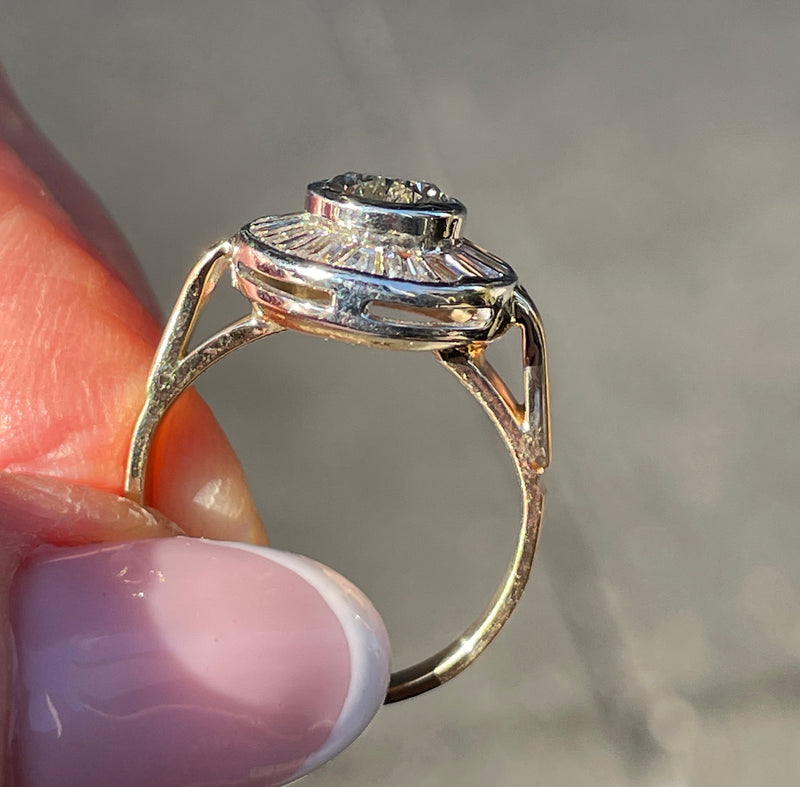 Vintage Mid-Century GIA 3.58ct Pear Shaped Bezel-Set Diamond Ballerina Cocktail 14K 2-Tone Gold Ring