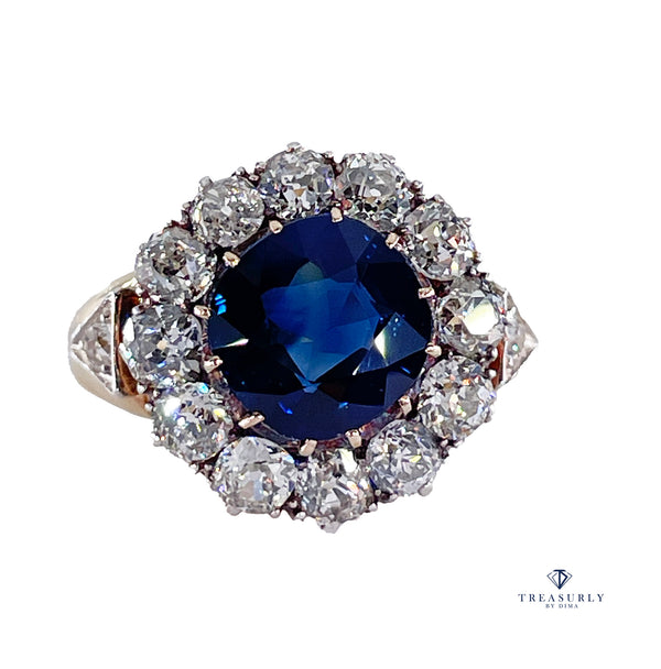Victorian GIA 6.27ct No Heat Cushion Blue Sapphire Diamond Antique Vintage Cluster 18k Gold Ring