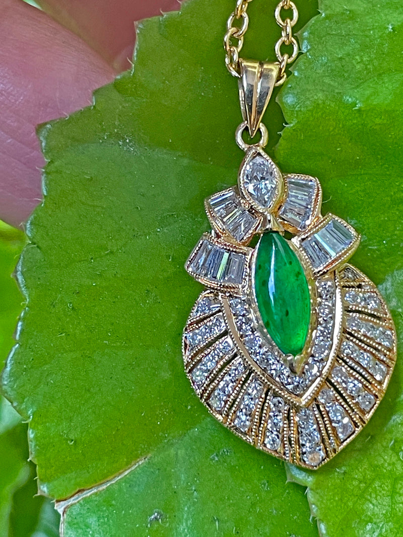 Natural UNTREATED GIA Omphacite Jade 18K Vintage Pendant of "Imperial" Color with Diamonds, 1980s
