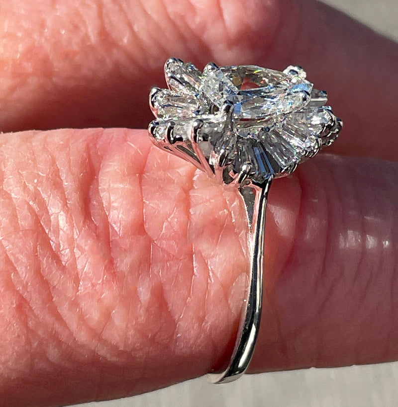 Vintage Estate GIA 3.73ct Pear Shaped Diamond Ballerina Cocktail 14K White Gold Ring