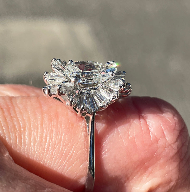 Vintage Estate GIA 3.73ct Pear Shaped Diamond Ballerina Cocktail 14K White Gold Ring