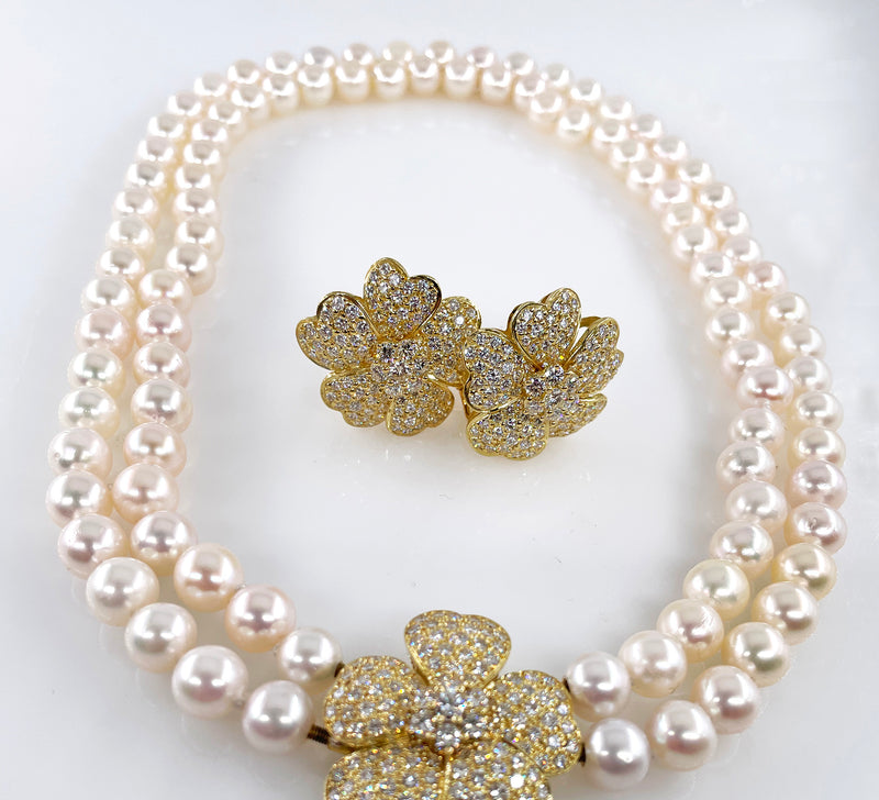 2.80ctw Diamond Flower Convertible Fine Akoya 8-8.5mm Cultured White Double Strand Japanese PEARL 18K Gold Vintage NECKLACE