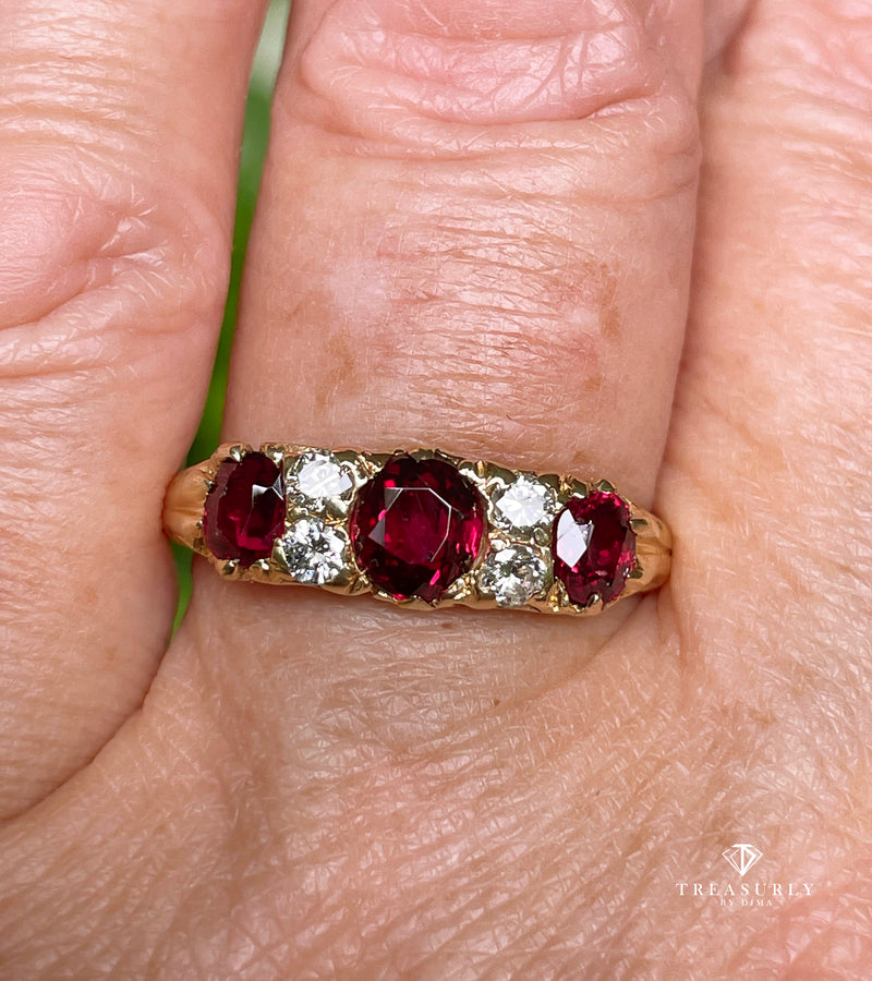 English GIA "NO HEAT" Vintage 2.20ct Pigeon Blood Red Ruby Trilogy Diamond 18k Gold Ring