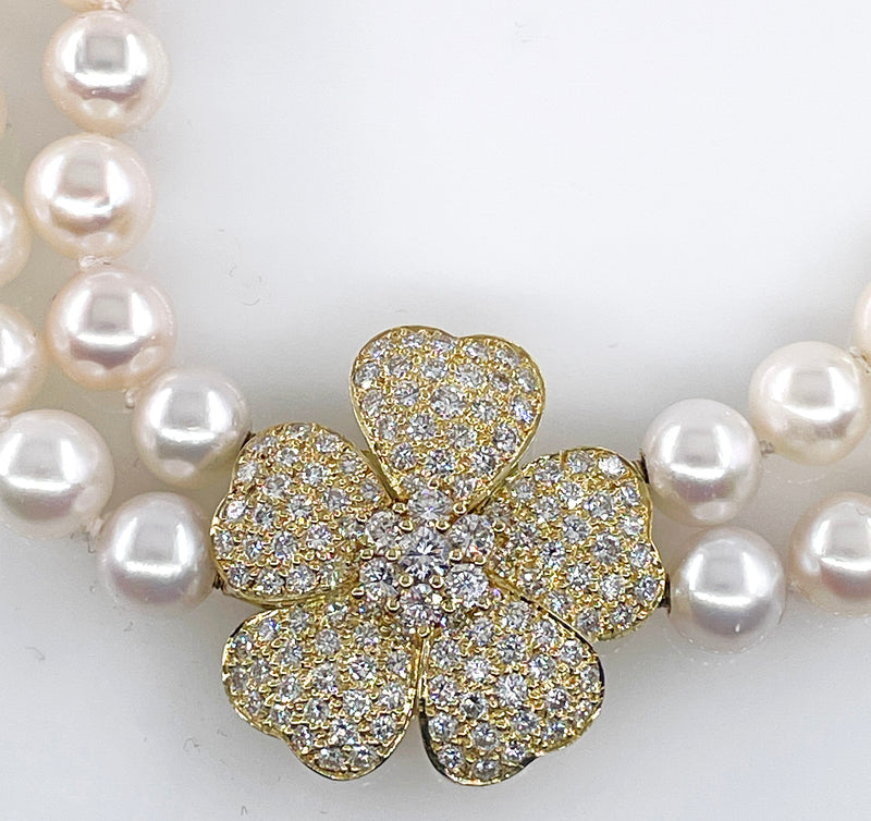 2.80ctw Diamond Flower Convertible Fine Akoya 8-8.5mm Cultured White Double Strand Japanese PEARL 18K Gold Vintage NECKLACE