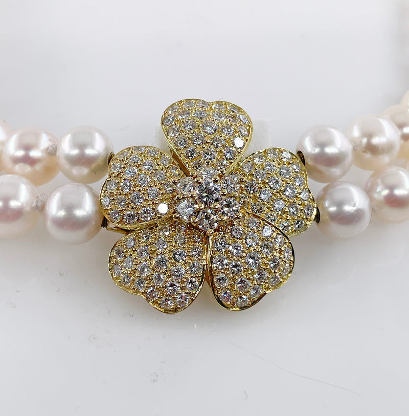 2.80ctw Diamond Flower Convertible Fine Akoya 8-8.5mm Cultured White Double Strand Japanese PEARL 18K Gold Vintage NECKLACE