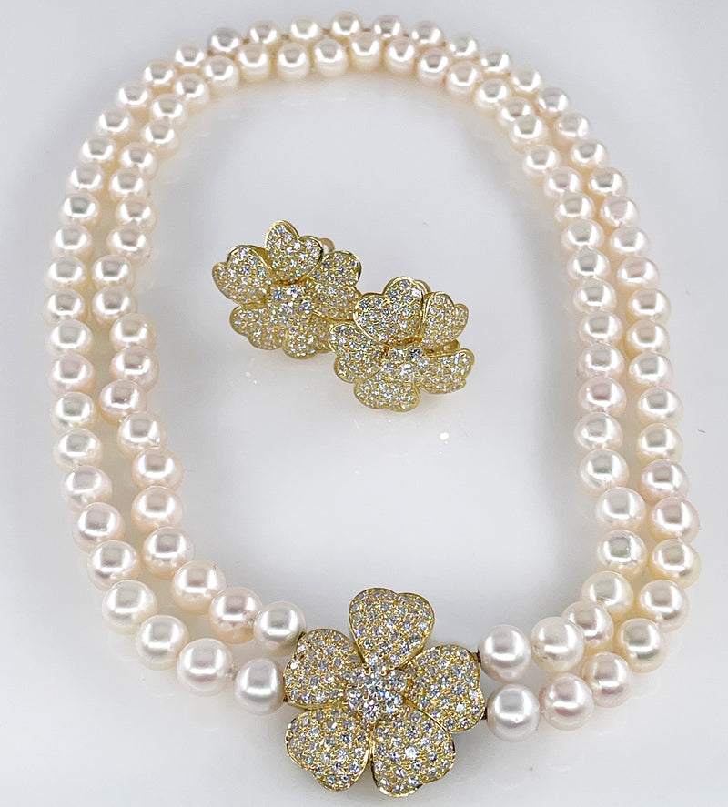 2.80ctw Diamond Flower Convertible Fine Akoya 8-8.5mm Cultured White Double Strand Japanese PEARL 18K Gold Vintage NECKLACE