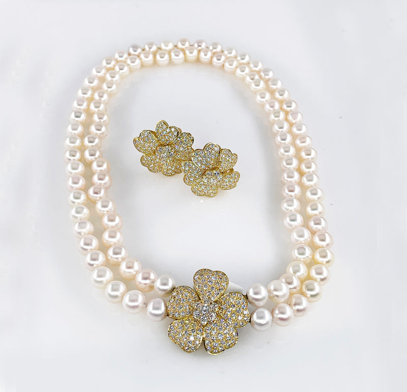 2.80ctw Diamond Flower Convertible Fine Akoya 8-8.5mm Cultured White Double Strand Japanese PEARL 18K Gold Vintage NECKLACE