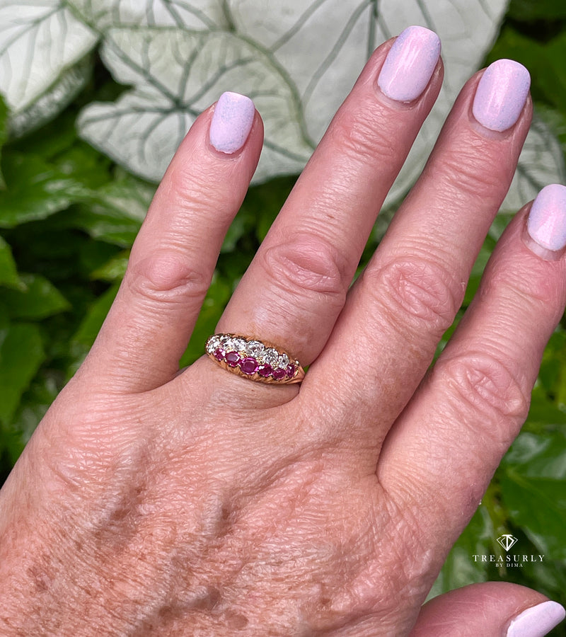 Victorian GIA No-Heat Burmese Pink Sapphires & Old Mine Diamond Double Rows Yellow Gold Band Ring