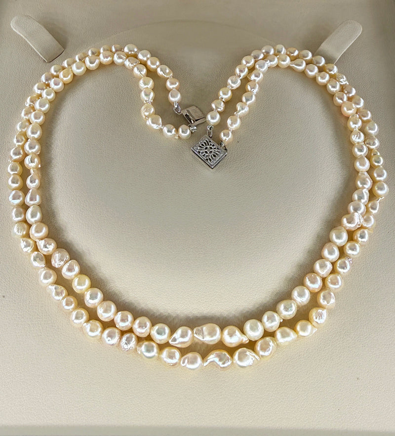 GIA 2-Strand Akoya Baroque Japanese Pearl 14K White Gold Vintage Necklace; Multi Strand Pearl Necklace