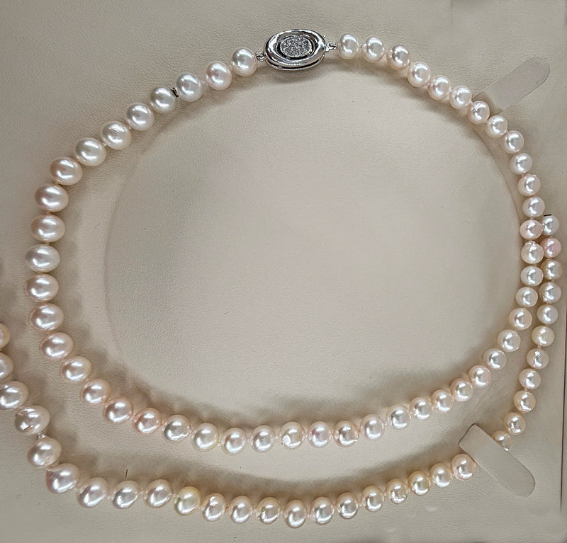 Long 26 3/4" Convertible Diamond Akoya Cultured Japanese 7mm PEARL 14K Gold Vintage NECKLACE