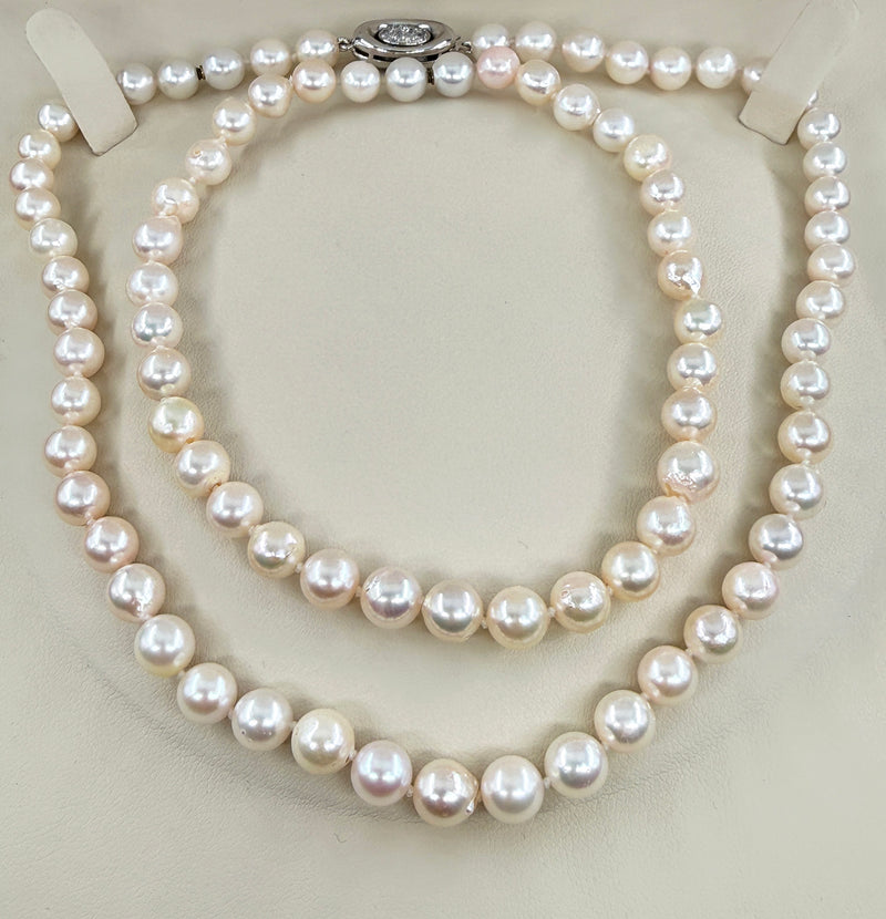 Long 26 3/4" Convertible Diamond Akoya Cultured Japanese 7mm PEARL 14K Gold Vintage NECKLACE