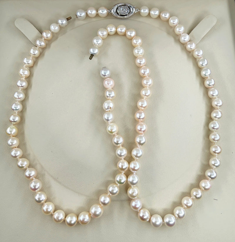 Long 26 3/4" Convertible Diamond Akoya Cultured Japanese 7mm PEARL 14K Gold Vintage NECKLACE