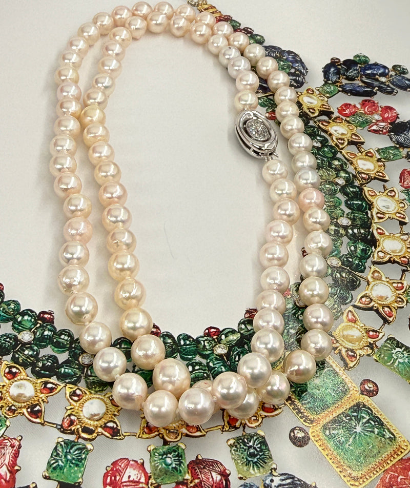 Long 26 3/4" Convertible Diamond Akoya Cultured Japanese 7mm PEARL 14K Gold Vintage NECKLACE