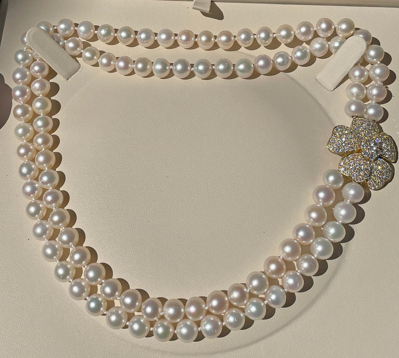 2.80ctw Diamond Flower Convertible Fine Akoya 8-8.5mm Cultured White Double Strand Japanese PEARL 18K Gold Vintage NECKLACE