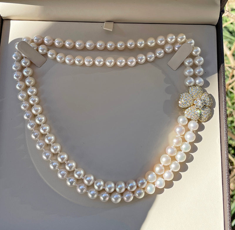 2.80ctw Diamond Flower Convertible Fine Akoya 8-8.5mm Cultured White Double Strand Japanese PEARL 18K Gold Vintage NECKLACE