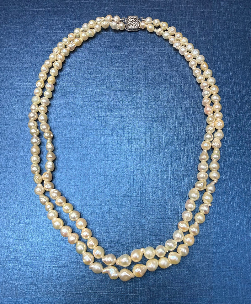GIA 2-Strand Akoya Baroque Japanese Pearl 14K White Gold Vintage Necklace; Multi Strand Pearl Necklace