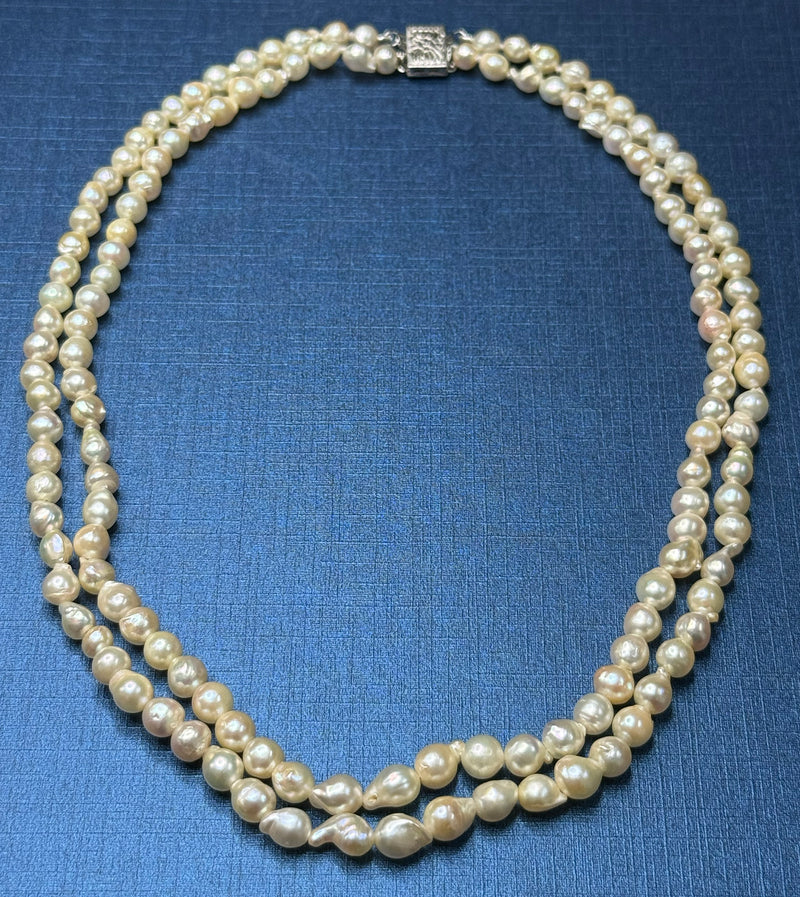 GIA 2-Strand Akoya Baroque Japanese Pearl 14K White Gold Vintage Necklace; Multi Strand Pearl Necklace