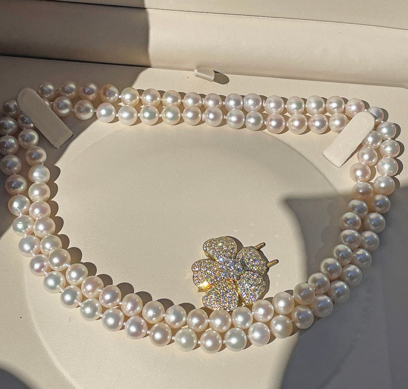 2.80ctw Diamond Flower Convertible Fine Akoya 8-8.5mm Cultured White Double Strand Japanese PEARL 18K Gold Vintage NECKLACE