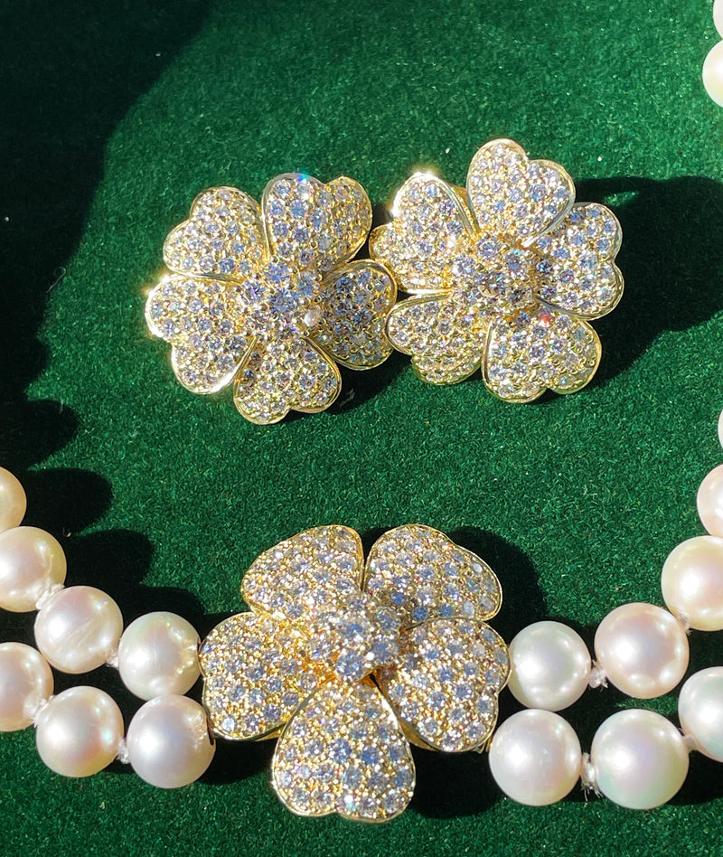 7.30ct Diamond Convertible Fine Akoya 8-8.5mm Japanese Cultured Pearl 18K Gold Jewelry Vintage Suite, Flower Necklace Earrings