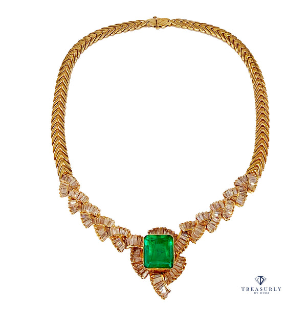 GIA 12.60ct Colombian Emerald 6.0ctw Diamond 14K Gold Estate Vintage Collar Choker Necklace, 1980s