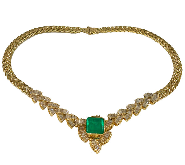 GIA 12.60ct Colombian Emerald 6.0ctw Diamond 14K Gold Estate Vintage Collar Choker Necklace, 1980s