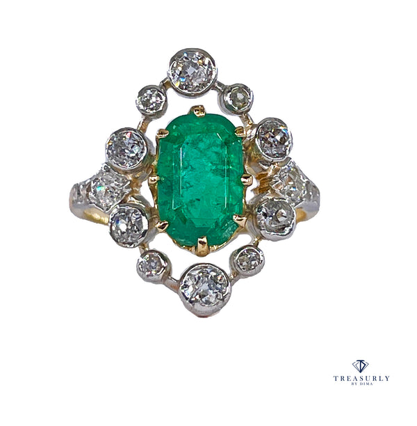 Fine Edwardian 3.28ctw GIA COLOMBIA Green Emerald and OLD European Cut Diamond 18K Platinum Ring