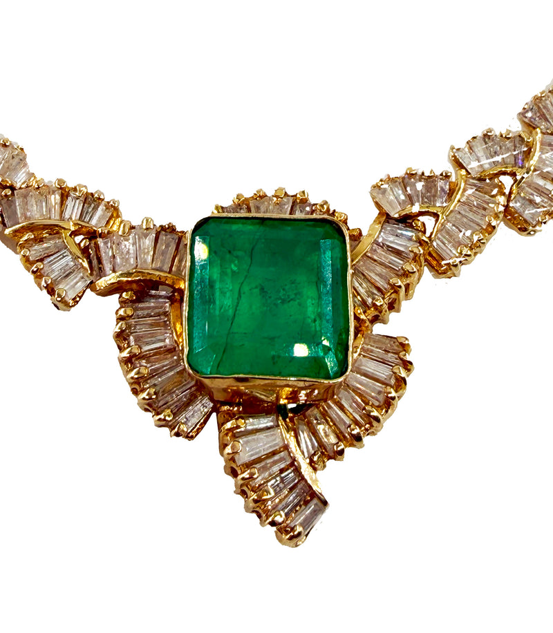 GIA 12.60ct Colombian Emerald 6.0ctw Diamond 14K Gold Estate Vintage Collar Choker Necklace, 1980s
