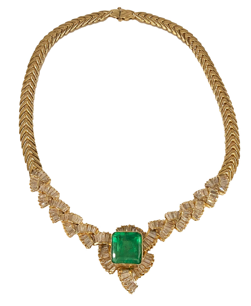 GIA 12.60ct Colombian Emerald 6.0ctw Diamond 14K Gold Estate Vintage Collar Choker Necklace, 1980s