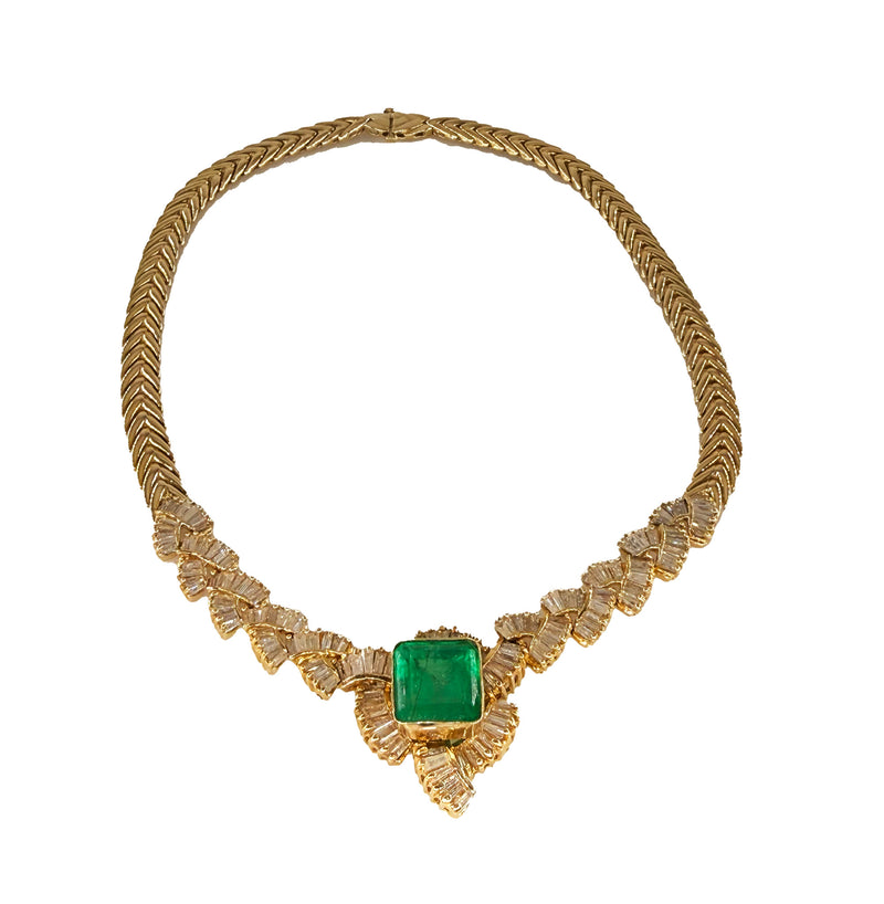 GIA 12.60ct Colombian Emerald 6.0ctw Diamond 14K Gold Estate Vintage Collar Choker Necklace, 1980s