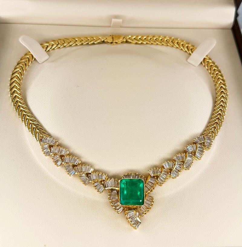 GIA 12.60ct Colombian Emerald 6.0ctw Diamond 14K Gold Estate Vintage Collar Choker Necklace, 1980s