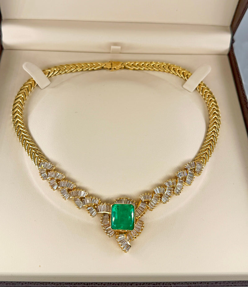 GIA 12.60ct Colombian Emerald 6.0ctw Diamond 14K Gold Estate Vintage Collar Choker Necklace, 1980s