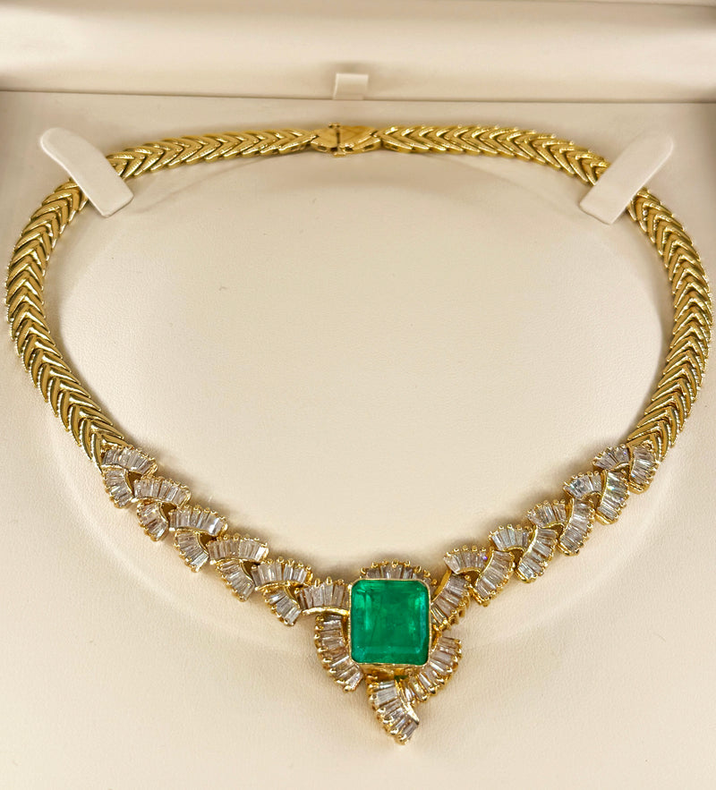 GIA 12.60ct Colombian Emerald 6.0ctw Diamond 14K Gold Estate Vintage Collar Choker Necklace, 1980s