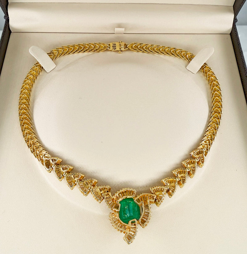 GIA 12.60ct Colombian Emerald 6.0ctw Diamond 14K Gold Estate Vintage Collar Choker Necklace, 1980s