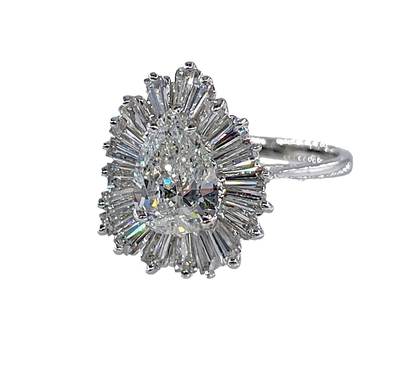 Vintage Estate GIA 3.73ct Pear Shaped Diamond Ballerina Cocktail 14K White Gold Ring