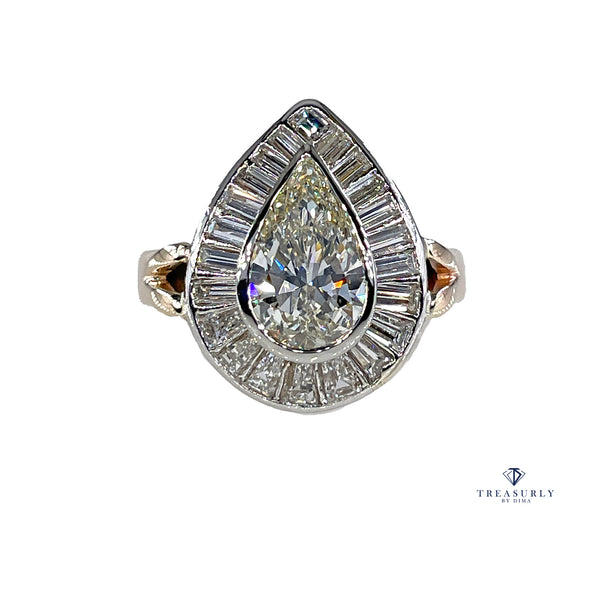 Vintage Mid-Century GIA 3.58ct Pear Shaped Bezel-Set Diamond Ballerina Cocktail 14K 2-Tone Gold Ring