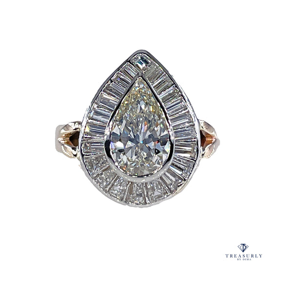 Vintage Mid-Century GIA 3.58ct Pear Shaped Bezel-Set Diamond Ballerina Cocktail 14K 2-Tone Gold Ring