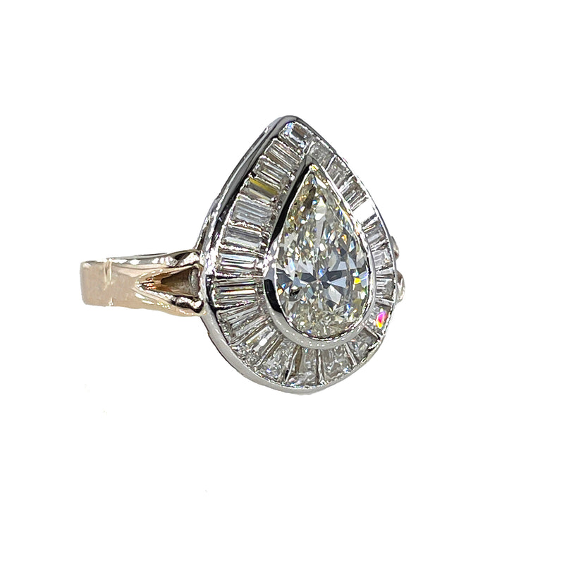 Vintage Mid-Century GIA 3.58ct Pear Shaped Bezel-Set Diamond Ballerina Cocktail 14K 2-Tone Gold Ring