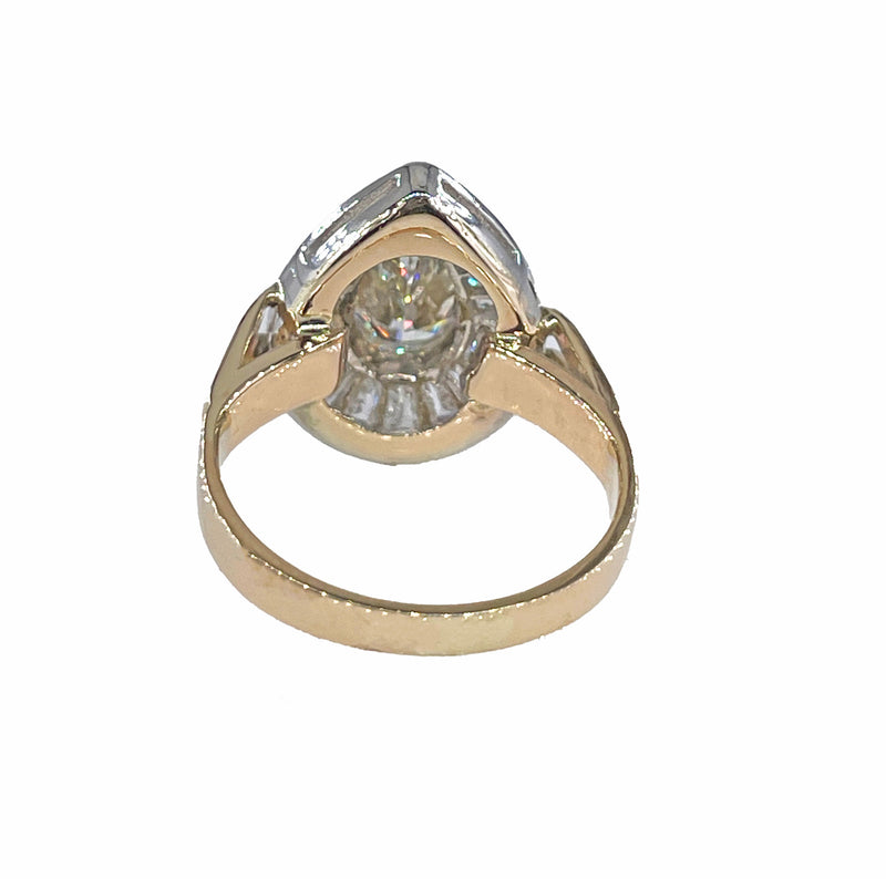 Vintage Mid-Century GIA 3.58ct Pear Shaped Bezel-Set Diamond Ballerina Cocktail 14K 2-Tone Gold Ring