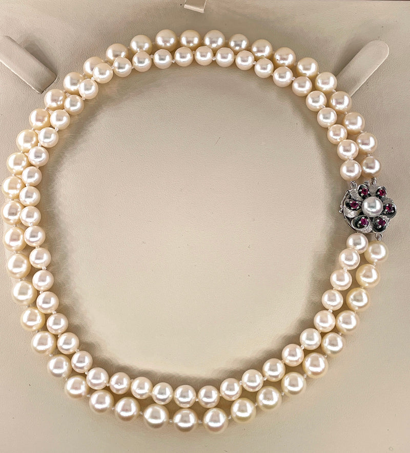 Classic 2 Rows Cultured Japanese White PEARL 7-8.5mm Double Strand Vintage NECKLACE 14k White Gold Ruby Clasp