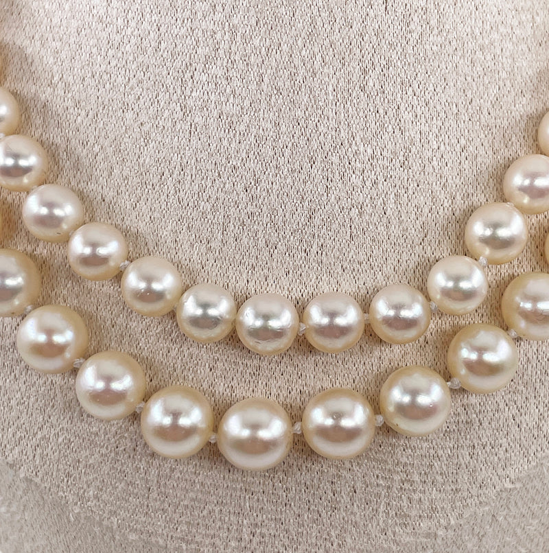 Classic 2 Rows Cultured Japanese White PEARL 7-8.5mm Double Strand Vintage NECKLACE 14k White Gold Ruby Clasp